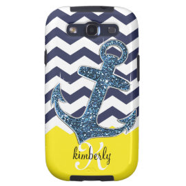 Navy Faux Glitter Anchor Chevron Personalized Galaxy SIII Covers