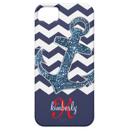 Navy Faux Glitter Anchor Chevron Personalized iPhone 5 Covers