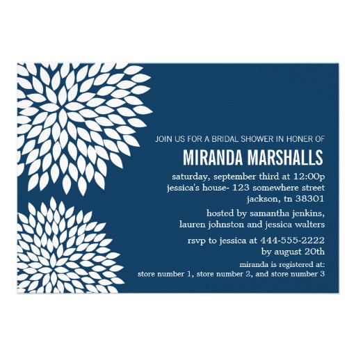 Navy Flower Design Bridal Shower Invitations