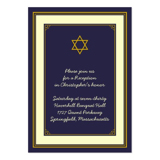 Navy & Gold Bar Mitzvah Reception Card Business Card Template (front side)