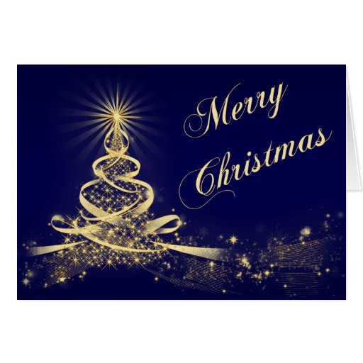 Navy, Gold Lighted Tree Corporate Christmas Card Zazzle