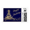 Navy, Gold Lighted Tree Happy Holidays Postage