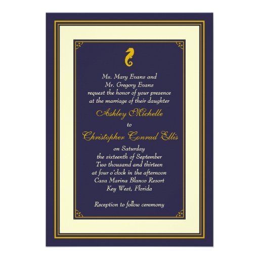 Navy Gold Seahorse Nautical Wedding Invitation (front side)