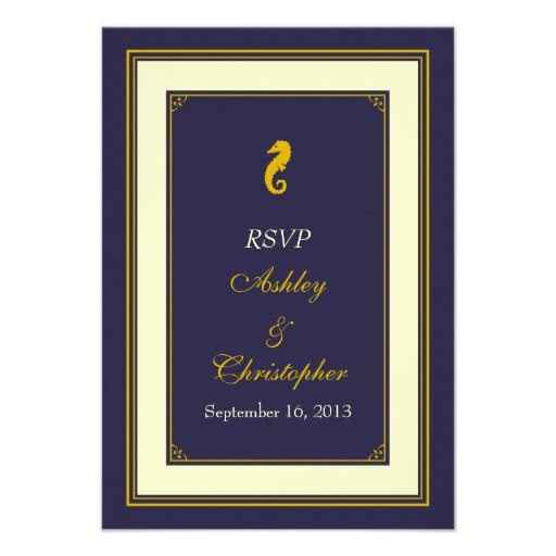 Navy Gold Seahorse Nautical Wedding Response Card Custom Invite (front side)