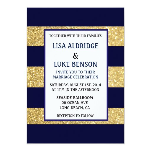 Navy Gold Stripe Wedding Invitation