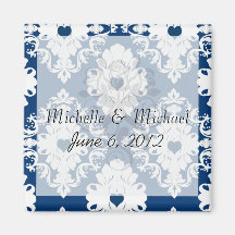 navy hearts blue white damask magnet
