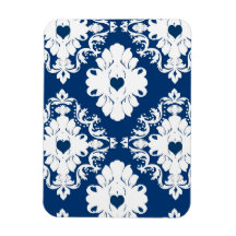navy hearts blue white damask rectangular magnet