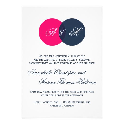 Navy & Hot Pink Twin Monograms Wedding Invitation (front side)
