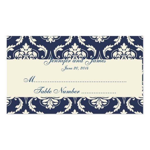 Navy Ivory Damask Wedding Table Place Card Business Cards (front side)