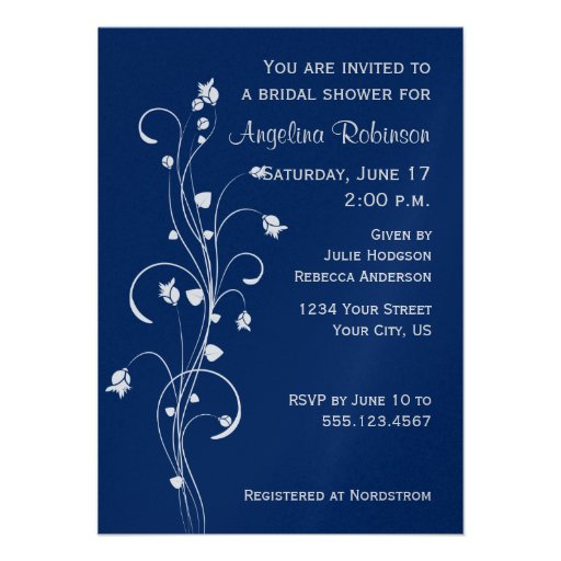 Navy Light Gray Floral Design Bridal Shower Invite