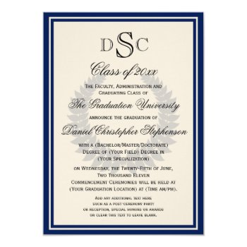 Navy Monogram Laurel Classic College Graduation 4.5x6.25 Paper Invitation Card by CustomInvites at Zazzle