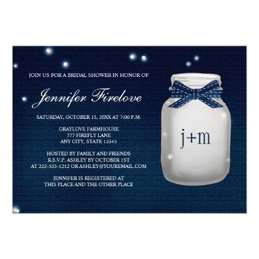 Navy Monogrammed Firefly Mason Jar Bridal Shower Invitation