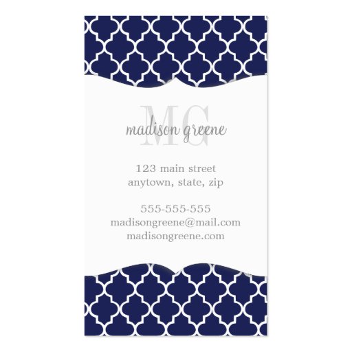 Navy Moroccan Tiles Lattice Personalized Business Card Templates (back side)