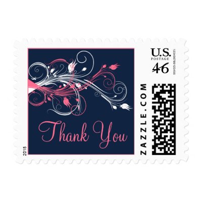 This personalized navy blue pink and white floral wedding thankyou postage