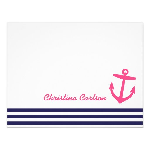 Navy & Pink Nautical Stripes & Anchor Stationery Custom Invite