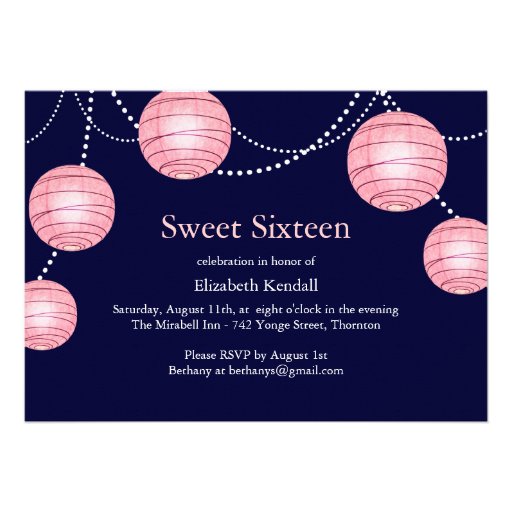 Navy & Pink Party Lantern Sweet 16 Invitation