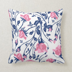 Navy & Pink Rose Floral Flower Print Throw Pillow