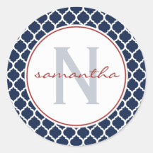 Navy Quatrefoil Monogram Round Sticker