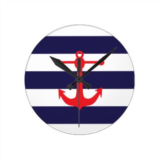 Navy & Red Nautical Pattern Round Clock