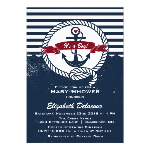 Navy & Red Rustic Nautical Baby Shower Invitation