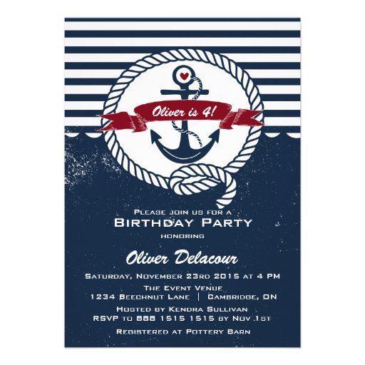Navy Red Rustic Nautical Kids Birthday Invitation (front side)