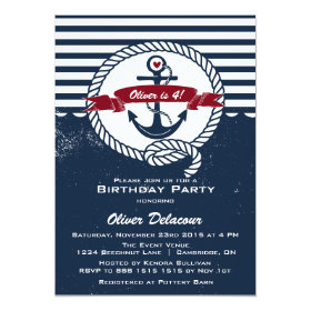 Navy Red Rustic Nautical Kids Birthday Invitation 5