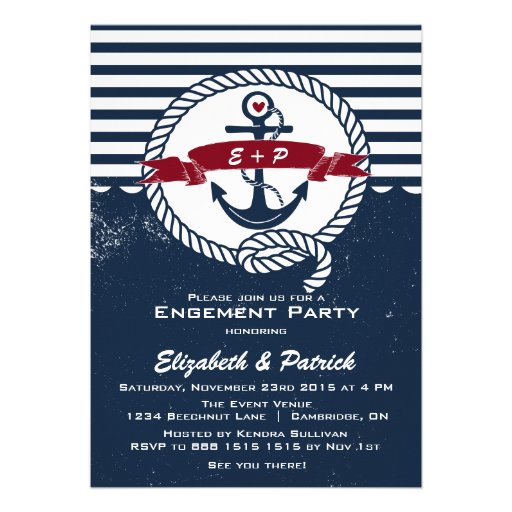 Navy Rustic Nautical Engagement Party Invitation