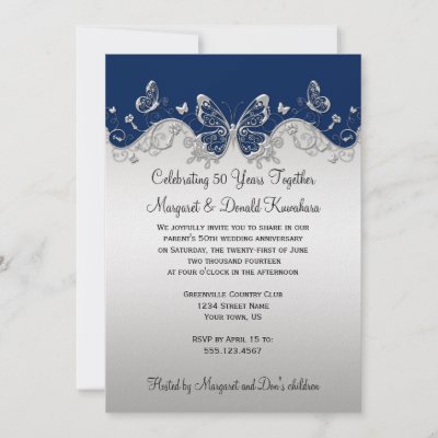 Navy Silver Butterflies 25th Anniversary Custom Announcements by dmboyce