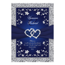 Navy Silver Floral Hearts FAUX Foil Wedding Invite