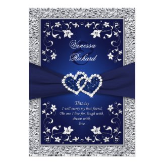Navy Silver Floral Hearts FAUX Foil Wedding Invite