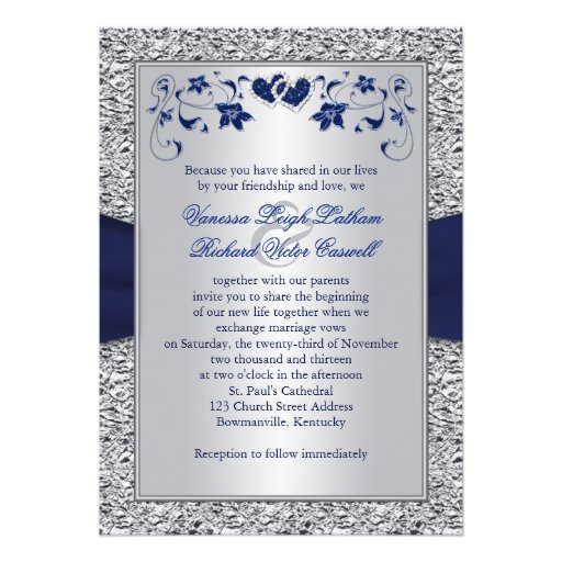 Navy Silver Floral Hearts FAUX Foil Wedding Invite