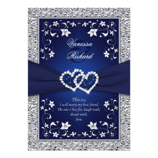 Navy Silver Floral Hearts FAUX Foil Wedding Invite (front side)