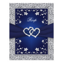 Navy Silver Floral Hearts FAUX Foil Wedding RSVP invitations