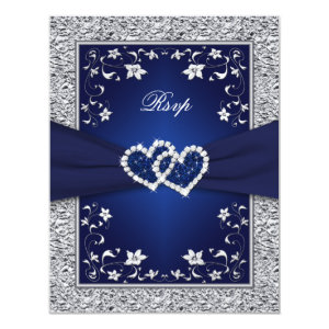 Navy Silver Floral Hearts FAUX Foil Wedding RSVP 4.25x5.5 Paper Invitation Card