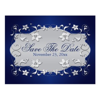 Navy, Silver Floral, Hearts Save The Date Postcard