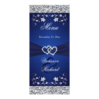 Navy, Silver Floral Joined Hearts Menu Card Customized Rack Card