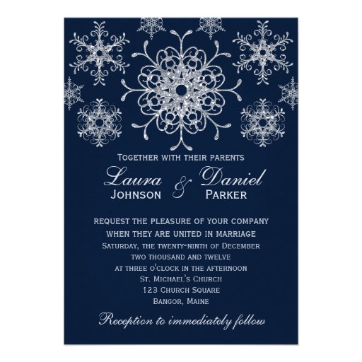 Navy Silver Glitter LOOK Snowflakes Wedding Invite