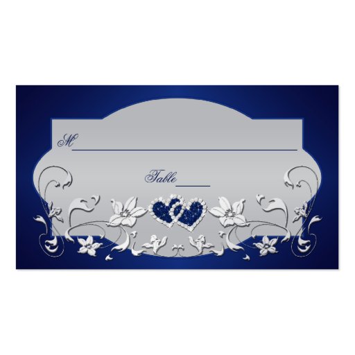 Navy, Silver Gray Floral, Hearts Place Card Business Card (front side)