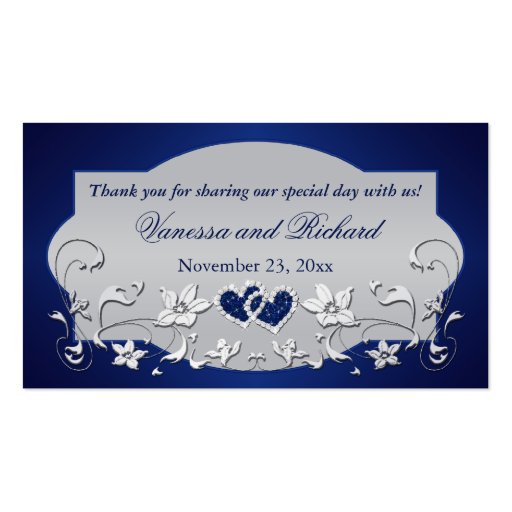 Navy, Silver Gray Floral, Hearts Wedding Favor Tag Business Card (front side)