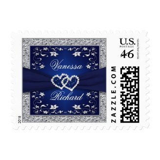 Navy, Silver Gray Floral Hearts Wedding Postage