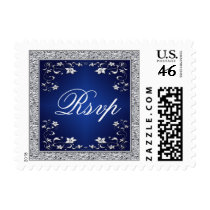 Navy, Silver Gray Floral Wedding RSVP Postage stamps