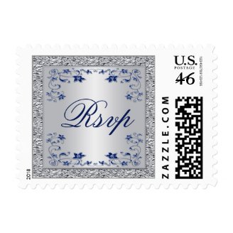Navy, Silver Gray Floral Wedding RSVP Postage 2