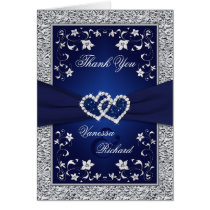 Navy Silver Hearts FAUX Foil PHOTO Thank You Card cards