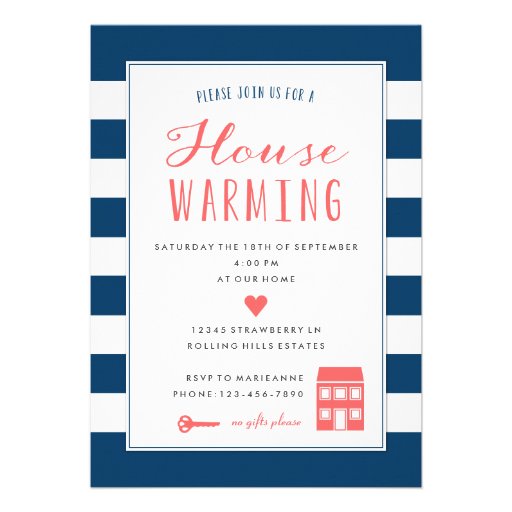 Navy Stripes Coral Housewarming Party Invitation (front side)