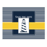 navy stripes,lighthouse, nautical save the date postcards