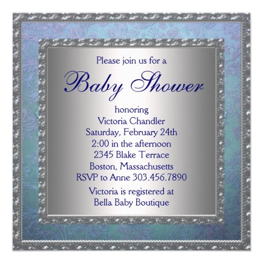 Navy Teal Blue Damask Baby Boy Shower Custom Invite