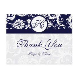 Navy Trim Damask Swirls Thank You Cards postcard