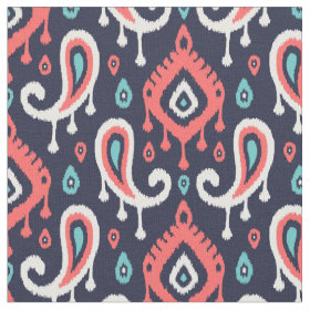 Navy Turquoise and Coral Ikat Paisley Fabric