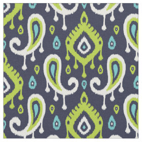 Navy Turquoise and Green Ikat Paisley Fabric