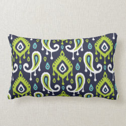 Navy Turquoise and Green Ikat Paisley Throw Pillow